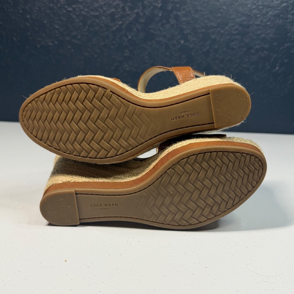 Cole Haan T-Strap Wedge Sandals 5.5W Brown Leather Espadrille - Picture 6 of 9
